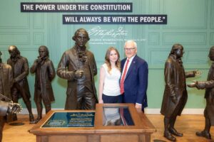 Sen. Gene Yaw is joined by Bailey Ulmer, a senior at Montoursville Area High School, at the National Constitution Center during a ceremonial gathering of the Pennsylvania State Senate honoring America’s upcoming 250th birthday
