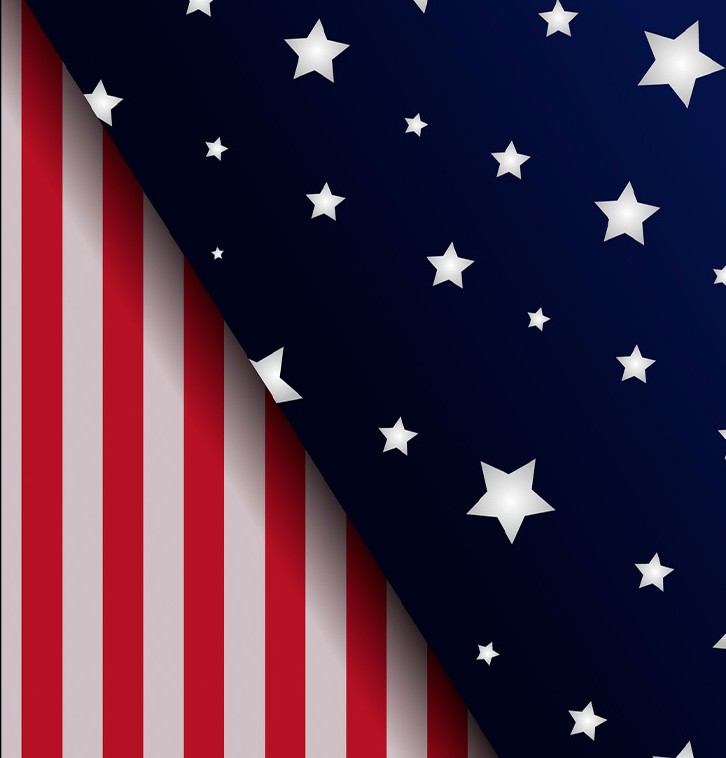 A stylized graphic featuring diagonal red and white stripes alongside a dark blue field with white stars, resembling elements of the American flag.