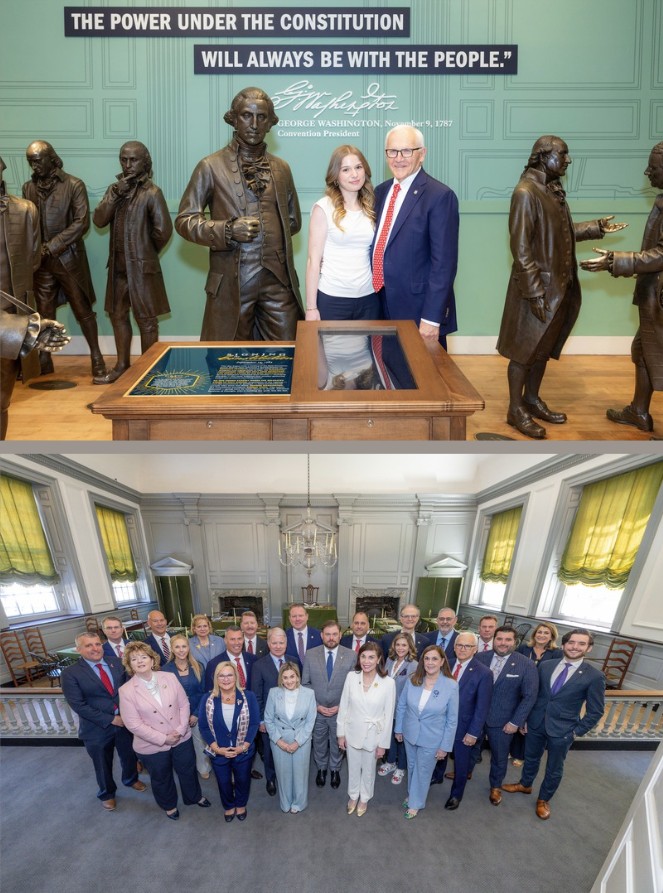 Collage of photos from the America250 event in Philadelphia featuring Sen. Yaw and members of the PA Senate.
