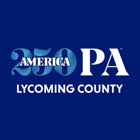 A blue graphic displaying the text “America 250 PA Lycoming County.”