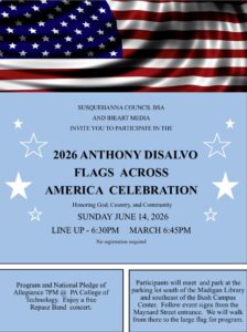 A graphic flyer featuring an American flag design at the top, advertising the “2026 Anthony DiSalvo Flags Across America Celebration,” including event details and schedule information.