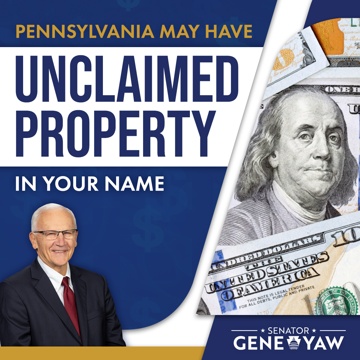 A graphic announcing that Pennsylvania may have unclaimed property, featuring bold text, an image of U.S. currency, and Yaw standing beside the message.
