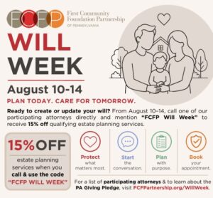 A promotional graphic for a “Will Week” event showing illustrated figures of a family inside a house outline, along with text about discounted estate planning services and event dates.