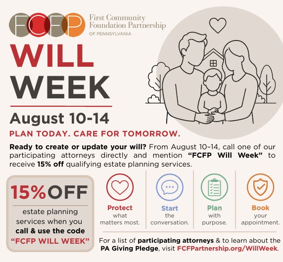 A promotional graphic for a “Will Week” event showing illustrated figures of a family inside a house outline, along with text about discounted estate planning services and event dates.