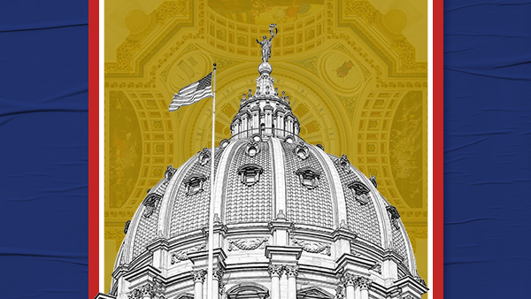 Artist rendering of Pennsylvania Capitol dome and set against yellow background and red, white and blue border.