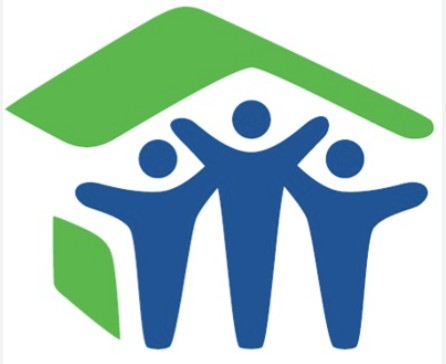 A logo showing three blue human figures standing together with their arms raised, enclosed beneath a green roof shape.