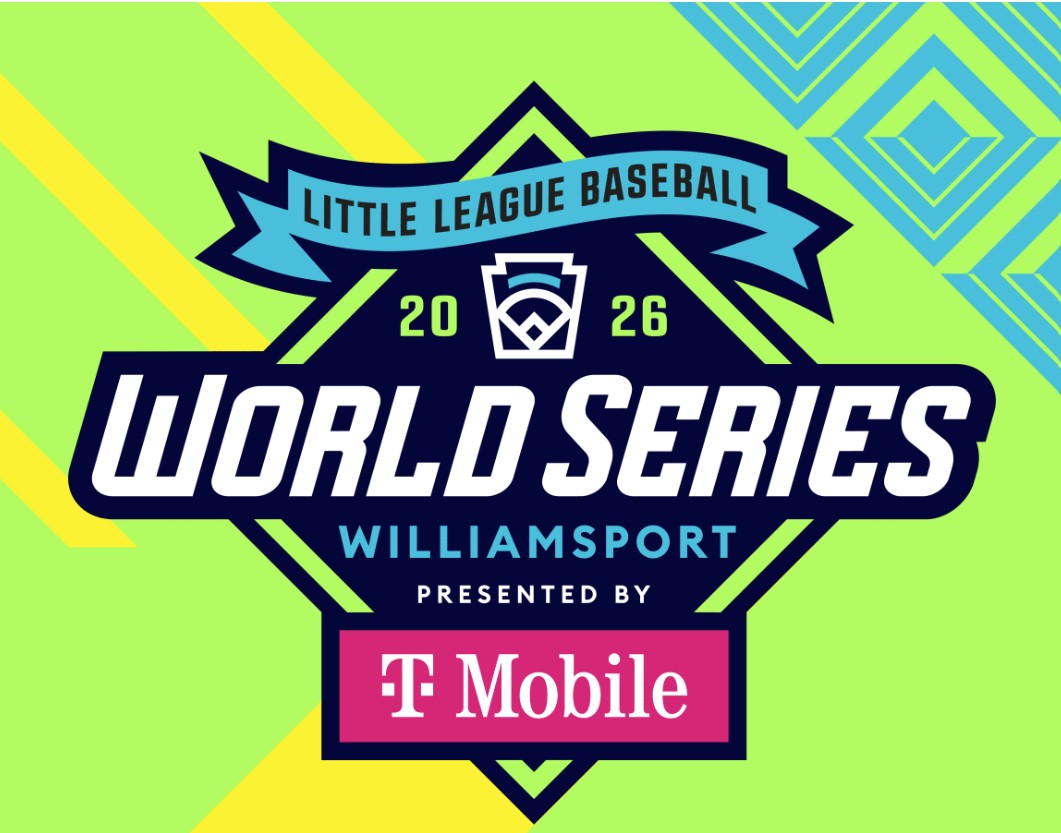 Graphic logo for the Little League Baseball 2026 World Series in Williamsport, presented by T Mobile, with bright green and blue geometric background.