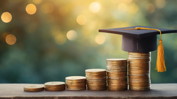 Six stacks of coins of increasing height, the largest stack with a graduation cap and tassel on it.