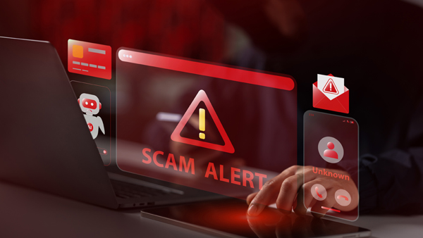 Cyber security and online fraud concept. Businessman hand using tablet with virtual screen showing Scam Alert warning. Protection against phishing email, AI robot, unknown call, and credit card.