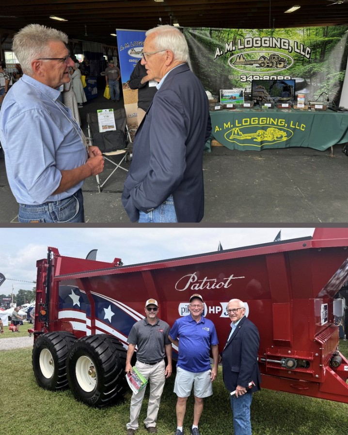 Yaw and another person have a conversation inside an agricultural expo building, standing in front of a display booth for a logging company and Yaw and two people stand in front of a large red agricultural machine labeled ‘Patriot’ at an outdoor farm show.
