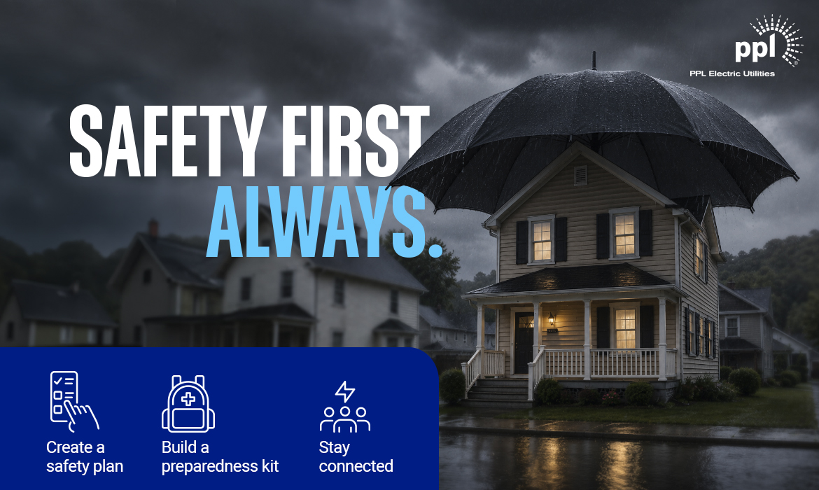 A two‑story house glows with warm lights during a dark, rainy night. A giant umbrella appears above the house, as though protecting it. Text on the image reads “Safety First. Always.” The bottom panel lists three icons with labels: “Create a safety plan,” “Build a preparedness kit,” and “Stay connected.” The PPL Electric Utilities logo is shown in the upper right corner.