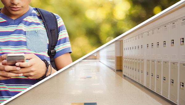 Split graphic with a hallway in a school in the lower right and the upper left a student holding a cellphone.