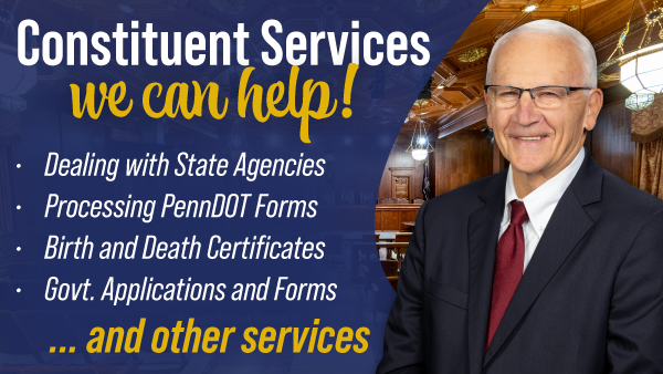 Informational graphic listing available constituent services, such as help with state agencies and processing forms. The design includes stylized text on a dark blue background and a photo of Yaw wearing a suit.