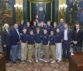 October 19, 2015 - Senator Yaw and Stephen Keener, President and CEO of Little League Baseball welcome the Red Land Little League team to the State Capitol. 10/19/15