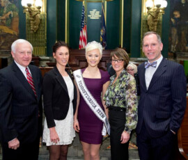 March 10, 2014 - I was pleased to welcome Miss PA Teen USA Sydney Robertson, her parents Allan and Diane and sister Holly Robertson of Williamsport, to the floor of the Pennsylvania Senate. 03/10/14