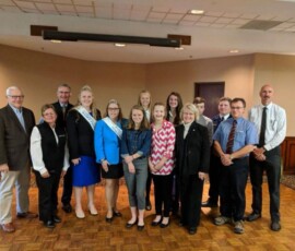 October 23, 2018 - Senator Yaw hosts his annual “Breakfast Meeting on Agriculture” at the Sayre Best Western. Pictured (from left, back row) are Sen. Gene Yaw (R-Bradford); Secretary Redding; Northeast Bradford High School students Maisie Neuber, Julia Brown, Michael Brown and Teddy Bowen, and Principal Robert Moore; (front row) Bradford/Sullivan Farm Bureau President Barbara Warburton; Bradford County Dairy Princess Emilie Cole; Alternate Dairy Princess McKenzie Slater; Molly Pifer; Ava Neville; and NEB ag teacher Brian Pifer. 10/23/18