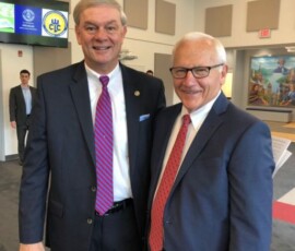 September 16, 2019 - Sen. Yaw talks with Matt Baker, HHS Region III Director, during the Opportunity Zone Roundtable discussion at the Williamsport Trade and Transit 2 Centre. 09/16/19