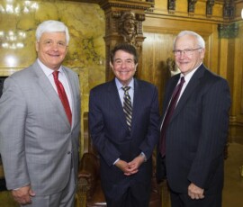 April 25, 2017 - Senator Tommy Tomlinson (left) and Senator Gene Yaw (right) stand with Merrill Reese, longtime radio voice for the Philadelphia Eagles, in the Governor’s Reception Room. 04/25/17