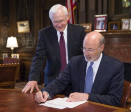 April 25, 2017 - State Senator Gene Yaw joined Governor Tom Wolf for a ceremonial bill signing at the State Capitol Building that marked the passage of legislation aimed at curbing Pennsylvania’s heroin and opioid epidemic. 04/25/17