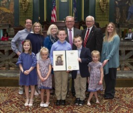 April 9, 2019 - State Sen. Gene Yaw today honored Loyalsock Twp. Boys’ Basketball Coach Ron Insinger at the State Capitol.  Pictured with Senator Yaw are Coach Insinger and his family in the Senate Chamber. 04/09/19