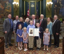 April 9, 2019 - State Sen. Gene Yaw today honored Loyalsock Twp. Boys’ Basketball Coach Ron Insinger at the State Capitol. Joining Coach Insinger in the Senate Chamber is his wife, Carol Insinger; daughter Laurie Emery; son-in-law Ron Emery; daughter Lisa Walter; grandchildren Kayla Emery, Ronnie Emery, Grant Walter, Carolyn Walter and Kasey Walter. Also pictured with Coach Insinger and his family are Assistant Loyalsock Coach Jeff Everett & School Superintendent Gerry McLaughlin. 04/09/19