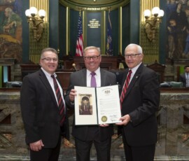 April 9, 2019 - State Sen. Gene Yaw today honored Loyalsock Twp. Boys’ Basketball Coach Ron Insinger at the State Capitol. Pictured L to R: Gerald McLaughlin, Superintendent, Loyalsock Township School District, Coach Ron Insinger, Senator Yaw. 04/09/19