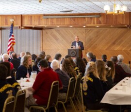 September 18, 2019 - Senator Yaw addresses the crowd at the Troy Vets Club during his annual “Breakfast Meeting on Agriculture.” 09/18/19