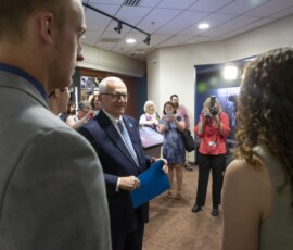 April 23, 2019 - Sen. Gene Yaw talks with Emma Stone, President, Chesapeake Bay Foundation, Pennsylvania Student Leadership Council 04/23/19