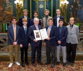 February 5, 2020 - Senator Yaw and Rep. David Rowe today welcomed the Lewisburg Boys Cross Country team to the State Capitol Building.  The Green Dragons won the '19 PIAA Class "AA" state title during the CC Championships in Hershey last year. 02/05/20