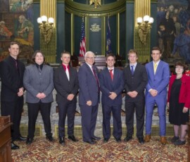 May 7, 2019 - Senator Yaw welcomes the Fall 2018 Stock Market Challenge Winners from Montgomery High School in Lycoming County.  (L to R) Ryan Monoski, Advisor; Brennan Bailey; Kalen Guyer; Gage Yohn; Rhyle Strausbaugh; Brayden Strouse and Carolyn Shirk of the Pennsylvania Council on Financial Literacy 05/07/19