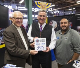 January 9, 2019 - Senator Yaw welcomes Pennsylvania Department of Agriculture Secretary Russell Redding to the Pennsylvania College of Technology booth at the 103rd Farm Show.  Also pictured is Dev Devvrat, Admissions Counselor at the College. 01/09/19