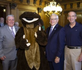 April 23, 2019 - Sen. Mike Folmer, Sen. Gene Yaw and Sen. John Gordner stand with Pennsylvania’s newest state symbol, the Eastern Hellbender. 04/23/19