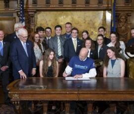 April 23, 2019 - Sen. Gene Yaw joins Governor Tom Wolf and members of the Chesapeake Bay Foundation’s (CBF) Pennsylvania Student Leadership Council, CBF Executive staff, staff from Lycoming College and the College’s Clean Water Institute, Chesapeake Bay Commission members, as well as state agency Executive Department staff from DEP and the Fish and Boat Commission during the Governor’s Ceremonial Bill Signing for Senate Bill 9 at the State Capitol. 04/23/19
