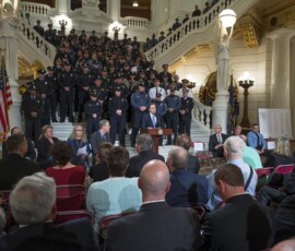 March 1, 2016 - Senator Yaw joined Steve Murphy Shope, Executive Director of Project Bald Eagle in Lycoming County; Lt. Governor Mike Stack and DDAP Secretary Gary Tennis during the Pennsylvania Department of Drug and Alcohol Programs press conference recognizing more than 300 municipal police departments, the Pennsylvania State Police (PSP) and hundreds of individual police officers who have reversed more than 600 opioid overdoses in little more than one year. 03/01/16