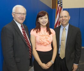 May 19, 2016 - Alexandra R. Klementovich is awarded this year's Peggy Madigan Memorial Leadership Scholarship by state Sen. Gene Yaw (left) and Robb Dietrich, executive director of the Penn College Foundation. Klementovich, a senior at Montoursville Area High School, will be a pre-nursing major at the college starting this fall. 05/19/16