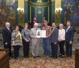 April 23, 2017 - In recognition of Conservation District Week in Pennsylvania (April 23-30), Sen. Gene Yaw (R-23) presented a citation honoring the Pennsylvania Association of Conservation Districts to area conservation district leaders. Pictured left to right are Senator Gene Yaw (R-23), Brenda J. Shambaugh, Executive Director of the Pennsylvania Association of Conservation Districts; Sandy Thompson, manager of the McKean County Conservation District; McKean County Commissioner Cliff Lane; Andy Trostle, Sullivan County Conservation District; John Dryzal, manager of the Cambria County Conservation District; Joanne Day, Sullivan County Conservation District; and Senator Elder Vogel (R-47), Chairman of the Senate Agriculture and Rural Affairs Committee. 04/23/17