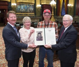 April 23, 2017 - In recognition of Conservation District Week in Pennsylvania (April 23-30), Sen. Gene Yaw (R-23) presented a citation honoring the Pennsylvania Association of Conservation Districts to area conservation district leaders. Pictured left to right are Senator Elder Vogel (R-47), Chairman of the Senate Agriculture and Rural Affairs Committee; Joanne Day, Sullivan County Conservation District; Andy Trostle, Sullivan County Conservation District; and Senator Gene Yaw (R-23). 04/23/0/17