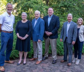 May 21, 2021 - Cabot Oil & Gas Corporation recently made a $25,000 Educational Improvement Tax Credit Program contribution in support of Pennsylvania College of Technology’s dual enrollment initiative, Penn College NOW. George Stark, director of external affairs for Cabot, was on campus May 21 in conjunction with the donation, also joining members of the Pennsylvania Senate for a campus tour. From left, are Stark; Penn College President Davie Jane Gilmour; Sen. Gene Yaw, chairman of the college’s Board of Directors and the Senate Environmental Resources & Energy Committee; Sen. Scott Martin, chairman of the Senate Education Committee; Sen. David Argall, chairman of the Senate’s State Government Committee; and Loni N. Kline, the college’s vice president for college relations. 05/21/21