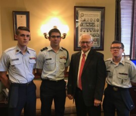 June 13, 2018 - Senator Yaw welcomed Civil Air Patrol Cadets C-SMSGT Edward Lyon, C-2DLT Nathaniel Reese & C-TSGT Justin Stetts of Lycoming County to the State Capitol today. 06/13/18