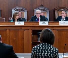 January 29, 2020 - Senator Gene Yaw, Chair of the Senate Environmental Resources and Energy Committee, questions DEP Secretary Patrick McDonnell and Acting PennDOT Secretary Yassmin Gramian, P.E., during Wednesday’s joint Senate hearing on the Transportation and Climate Initiative. 01/29/20