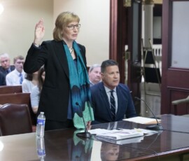 April 30, 2019 - DCNR Secretary Cindy Adams Dunn is sworn-in prior to addressing members of the state Senate Environmental Resources and Energy Committee at the State Capitol on Tuesday. 04/30/19