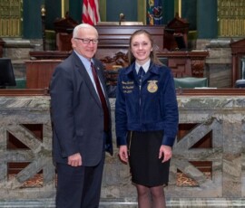 February 4, 2019 - Jenna Harnish, Bradford County resident and President of the state FFA organization, visits with Sen. Yaw at the State Capitol on Monday. 02/04/19