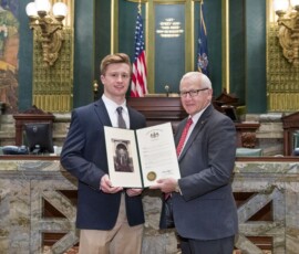 April 18, 2018 - State Sen. Gene Yaw today honored Montoursville High School’s Gavin Hoffman at the State Capitol Building for winning his third PIAA Class AA state wrestling title. 04/18/18