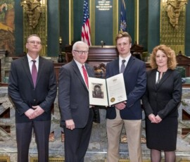April 18, 2018 - State Sen. Gene Yaw today honored Montoursville High School’s Gavin Hoffman at the State Capitol Building for winning his third PIAA Class AA state wrestling title. 04/18/18