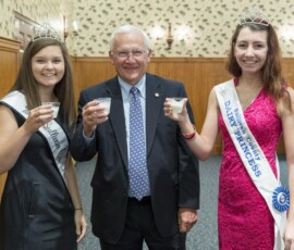 September 13, 2017 - Sullivan County Fair Queen Elizabeth Fluck (left) and Sullivan County Dairy Princess Fallon Russell (right) join Senator Yaw for a “Milk Toast to Pennsylvania Agriculture” during the breakfast meeting hosted by the Senator and State Rep. Fred Keller. 09/13/17