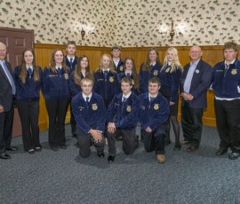 September 13, 2017 - At left, Sen. Gene Yaw and Penn State College of Agricultural Sciences Dean Rick Roush, second from right, hosted Mifflinburg FFA members at the annual Breakfast Meeting on Agriculture. Students included, Denver Clauser, Issac Jenkins, Joey Swartzlander, Devin Snook, Jennifer Wise, Samantha Moresman, Lilly Harrington, Dottie Bollinger, Rachel Kaler, Cinnamon Digan, Hannah Walter, Colin Gessner and Colton Hare. 09/13/17
