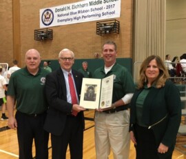 December 20, 2017 - Donald H. Eichhorn Middle School in Lewisburg was recently honored by Sen. Gene Yaw and the U.S. Department of Education as a National Blue Ribbon School. The National Blue Ribbon Schools Program recognizes public and private elementary, middle, and high schools based on their overall academic excellence or their progress in closing achievement gaps among student subgroups. 12/20/17