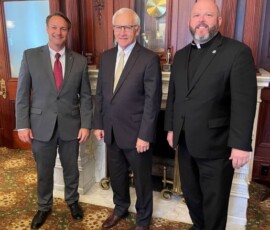 October 26, 2021 - Senator Yaw met with Father Paul Taylor, President of St. Vincent College and David Hollenbaugh, Vice President of Institutional Advancement and Campaign Director of St. Vincent College, during their visit to the State Capitol. 10/26/21