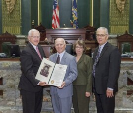 October 18, 2016 - Senator Gene Yaw recognized former Lycoming College Football Coach Frank Girardi on the Senate Floor upon his (Dec. 6) induction into the College Football Hall of Fame. (L to R) Senator Yaw, Frank Girardi, Lynn Girardi and Dr. Kent Trachte, President, Lycoming College 10/18/16