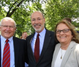 June 28, 2017 - Senator Yaw and Joan Smith-Reese, Executive Director at the Animal Care Sanctuary in Bradford County, join Governor Tom Wolf prior to the ceremonial bill signing of Libre’s Law 06/28/17